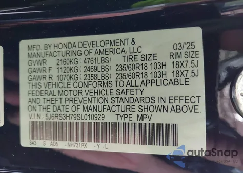 2025 Honda Cr-V Ex-L 2Wd from USA, damaged, VIN 5J6RS3H79SL010929